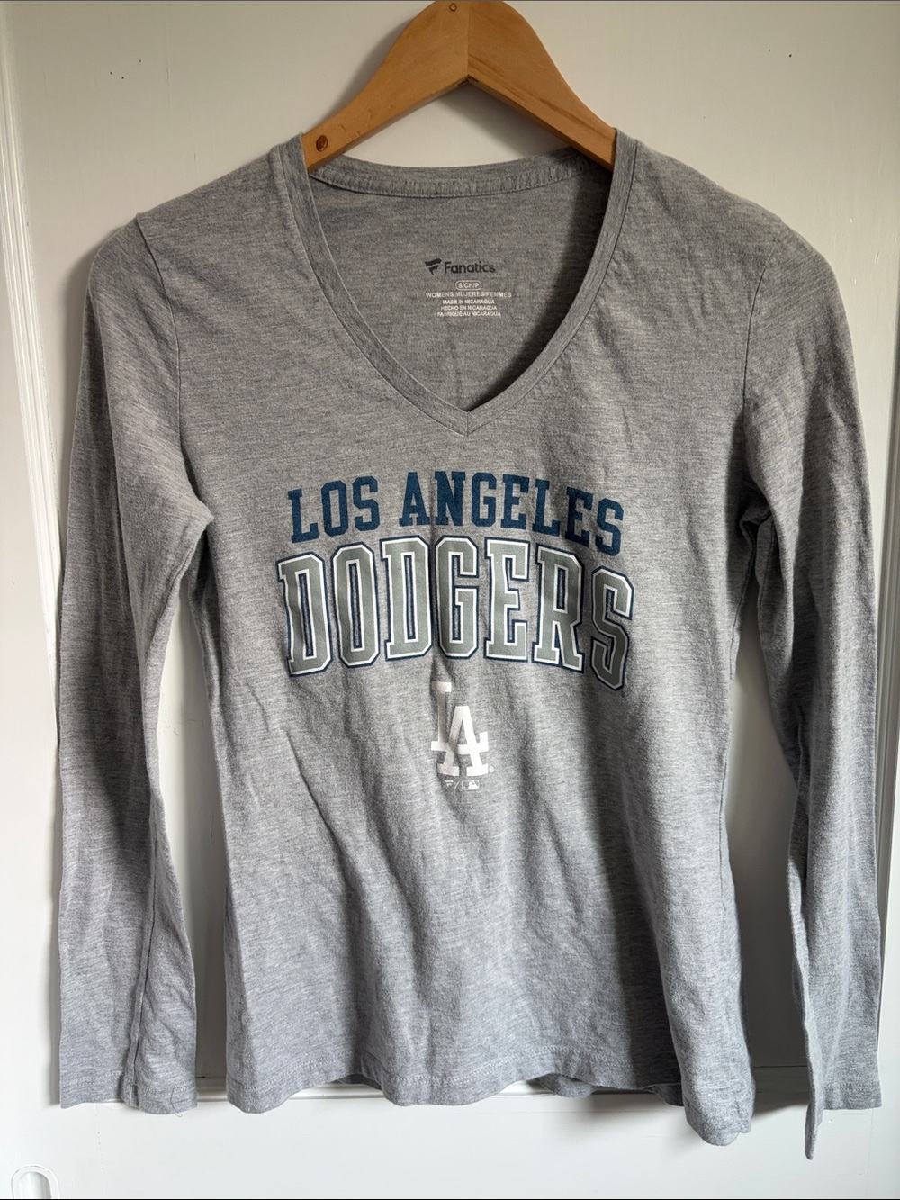 Fanatics Los Angeles Dodgers Gray Long Sleeve V-Neck Tee with Blue Lettering